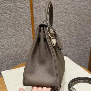 Hermes Kelly 32 Bag Handmade In Togo Calfskin Leather Silver Hardware 18 Etoupe - Image 19