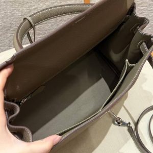 Hermes Kelly 32 Bag Handmade In Togo Calfskin Leather Silver Hardware 18 Etoupe - Image 17