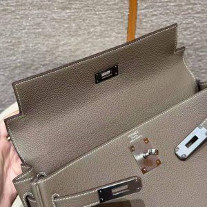 Hermes Kelly 32 Bag Handmade In Togo Calfskin Leather Silver Hardware 18 Etoupe - Image 12
