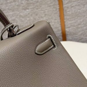 Hermes Kelly 32 Bag Handmade In Togo Calfskin Leather Silver Hardware 18 Etoupe - Image 9