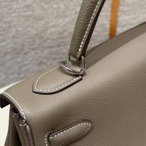 Hermes Kelly 32 Bag Handmade In Togo Calfskin Leather Silver Hardware 18 Etoupe - Image 7