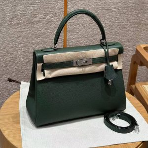 Hermes Kelly 32 Bag Handmade In Togo Calfskin Leather Silver Hardware 2Q Vert Anglais