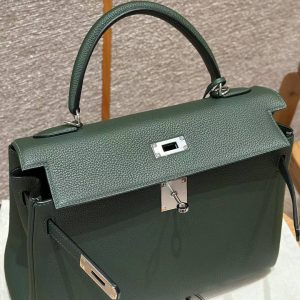 Hermes Kelly 32 Bag Handmade In Togo Calfskin Leather Silver Hardware 2Q Vert Anglais - Image 14