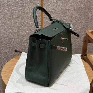 Hermes Kelly 32 Bag Handmade In Togo Calfskin Leather Silver Hardware 2Q Vert Anglais - Image 7