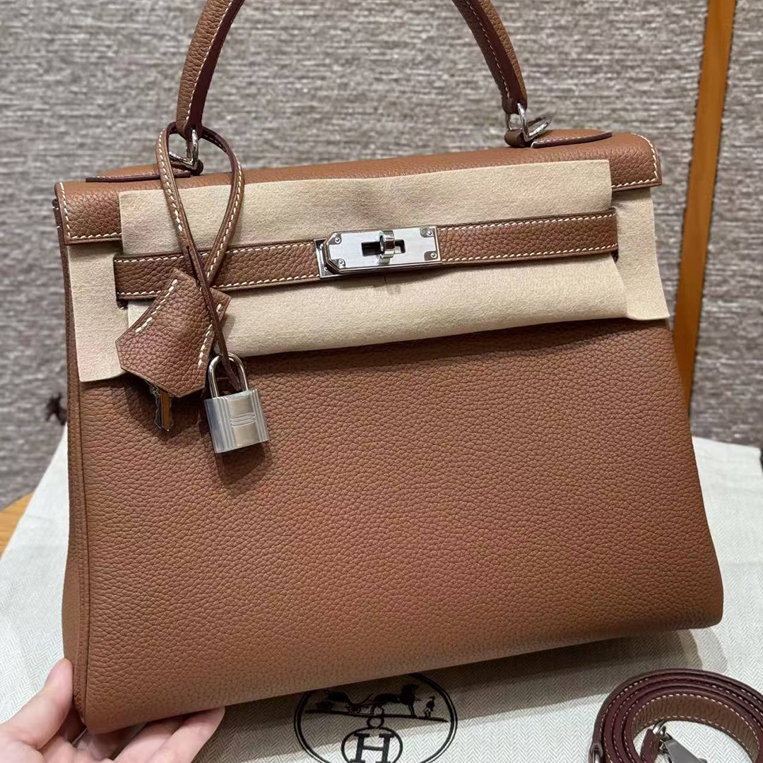 Hermes Kelly 32 Bag Handmade In Togo Calfskin Leather Silver Hardware 37 Gold
