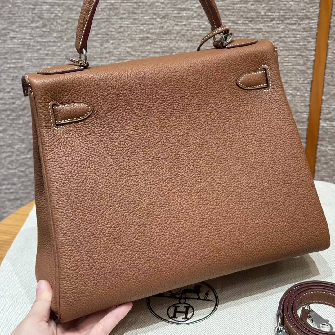 Hermes Kelly 32 Bag Handmade In Togo Calfskin Leather Silver Hardware 37 Gold - Image 2
