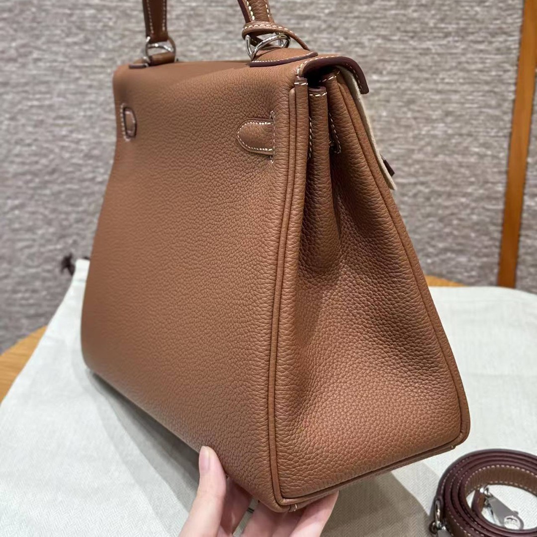 Hermes Kelly 32 Bag Handmade In Togo Calfskin Leather Silver Hardware 37 Gold - Image 24