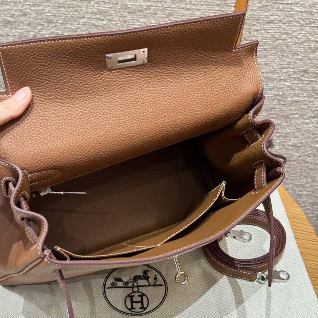 Hermes Kelly 32 Bag Handmade In Togo Calfskin Leather Silver Hardware 37 Gold - Image 22