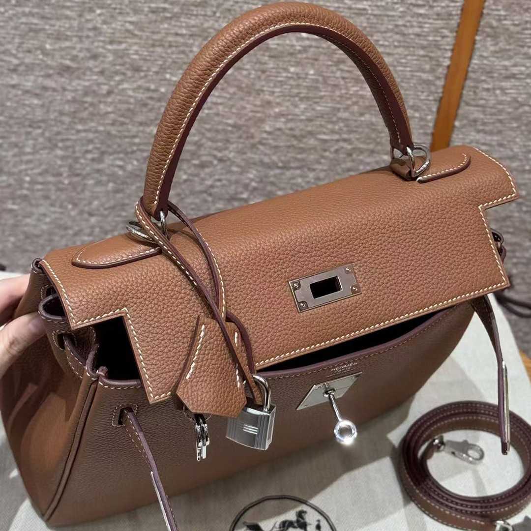 Hermes Kelly 32 Bag Handmade In Togo Calfskin Leather Silver Hardware 37 Gold - Image 13