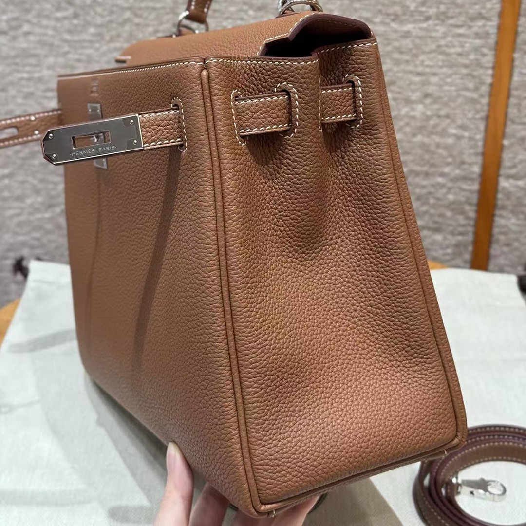 Hermes Kelly 32 Bag Handmade In Togo Calfskin Leather Silver Hardware 37 Gold - Image 12