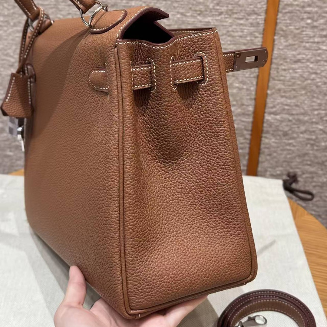 Hermes Kelly 32 Bag Handmade In Togo Calfskin Leather Silver Hardware 37 Gold - Image 11