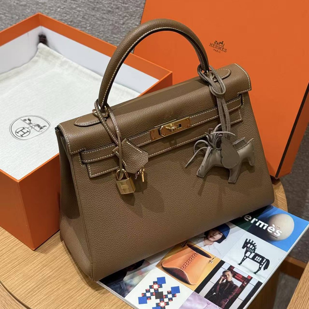 Hermes Kelly 32 Bag Handmade In Togo Calfskin Leather Gold Hardware 3G Alezan - Image 12
