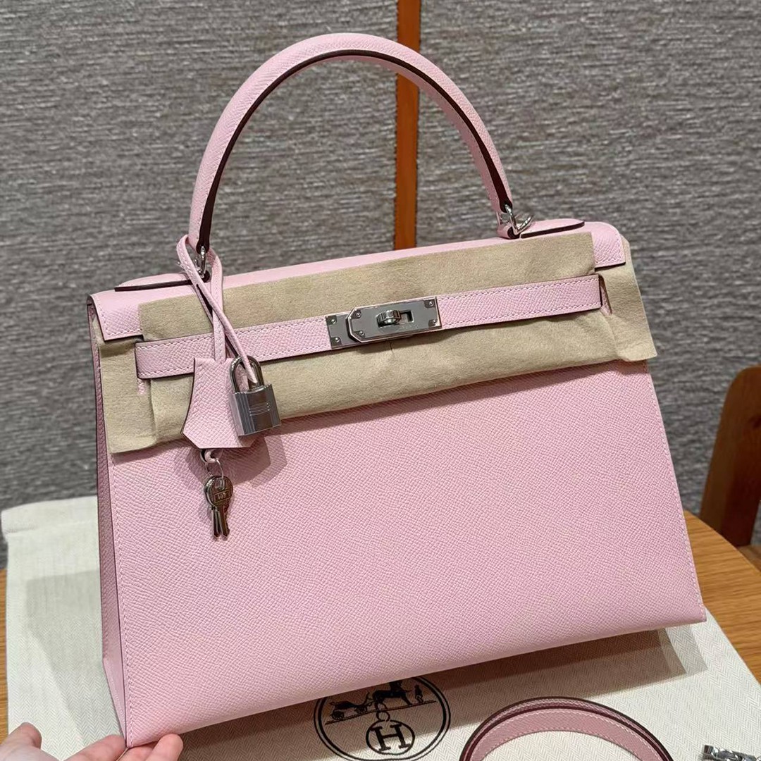 Hermes Kelly 32 Bag Handmade In Epsom Calfskin Leather Silver Hardware 3Q Rose Sakura