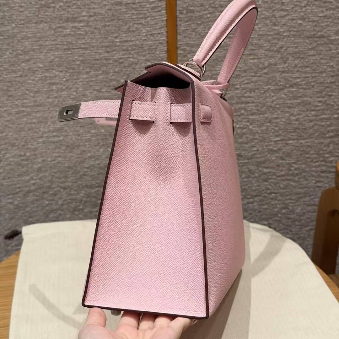 Hermes Kelly 32 Bag Handmade In Epsom Calfskin Leather Silver Hardware 3Q Rose Sakura - Image 19
