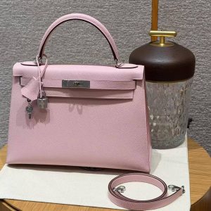 Hermes Kelly 32 Bag Handmade In Epsom Calfskin Leather Silver Hardware 3Q Rose Sakura - Image 12