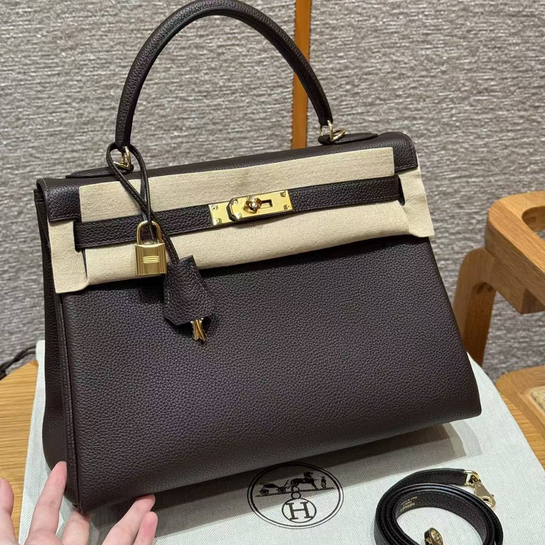 Hermes Kelly 32 Bag Handmade In Togo Calfskin Leather Gold Hardware 47 Chocolat