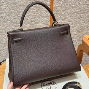 Hermes Kelly 32 Bag Handmade In Togo Calfskin Leather Gold Hardware 47 Chocolat - Image 2
