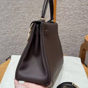 Hermes Kelly 32 Bag Handmade In Togo Calfskin Leather Gold Hardware 47 Chocolat - Image 25