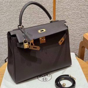 Hermes Kelly 32 Bag Handmade In Togo Calfskin Leather Gold Hardware 47 Chocolat - Image 19