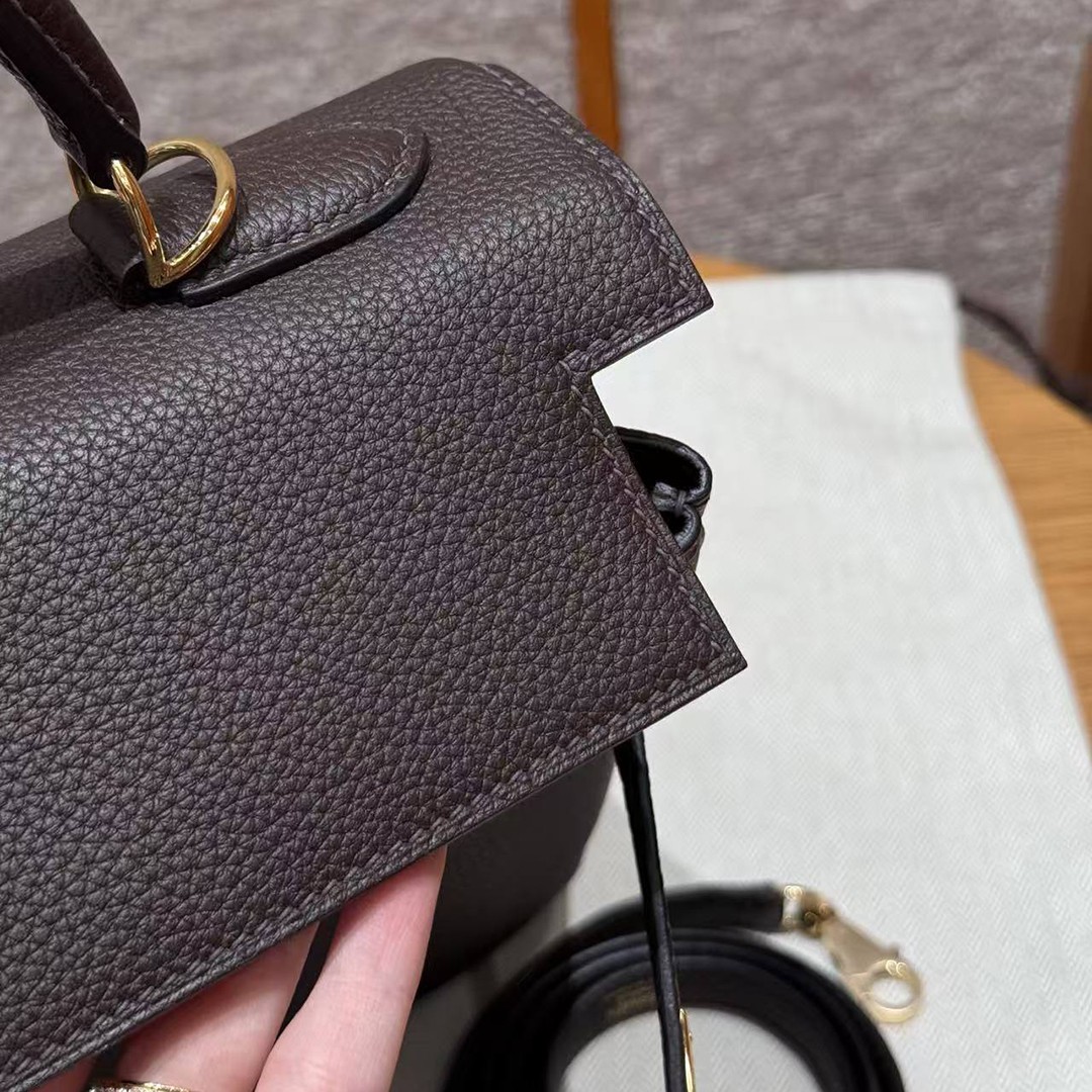Hermes Kelly 32 Bag Handmade In Togo Calfskin Leather Gold Hardware 47 Chocolat - Image 13