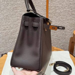 Hermes Kelly 32 Bag Handmade In Togo Calfskin Leather Gold Hardware 47 Chocolat - Image 10