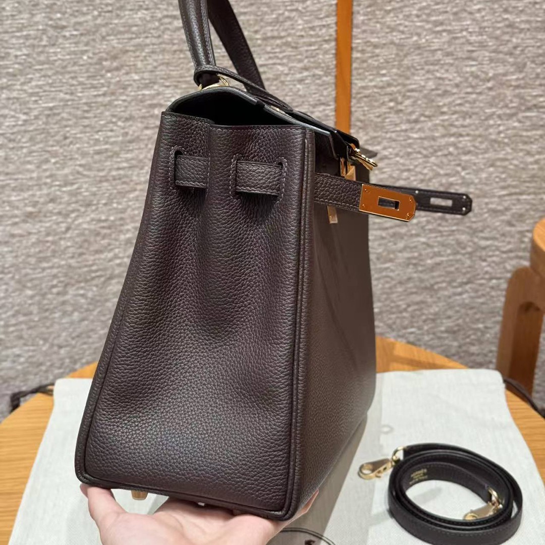 Hermes Kelly 32 Bag Handmade In Togo Calfskin Leather Gold Hardware 47 Chocolat - Image 10