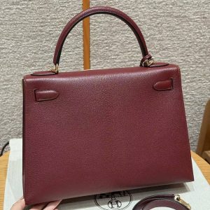 Hermes Kelly 32 Bag Handmade In Chèvre Calfskin Leather Gold Hardware 55 Rouge H - Image 2