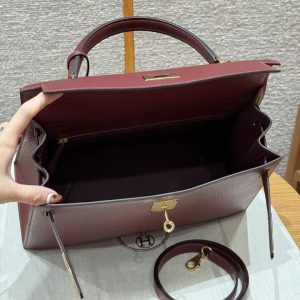 Hermes Kelly 32 Bag Handmade In Chèvre Calfskin Leather Gold Hardware 55 Rouge H - Image 17