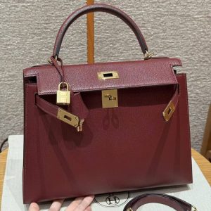 Hermes Kelly 32 Bag Handmade In Chèvre Calfskin Leather Gold Hardware 55 Rouge H - Image 13