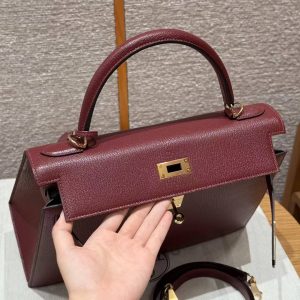 Hermes Kelly 32 Bag Handmade In Chèvre Calfskin Leather Gold Hardware 55 Rouge H - Image 11