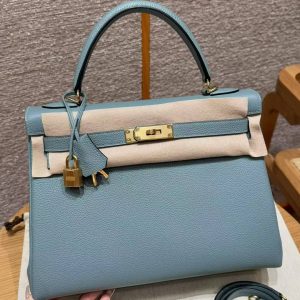 Hermes Kelly 32 Bag Handmade In Togo Calfskin Leather Gold Hardware 7G Ciel - Image 2