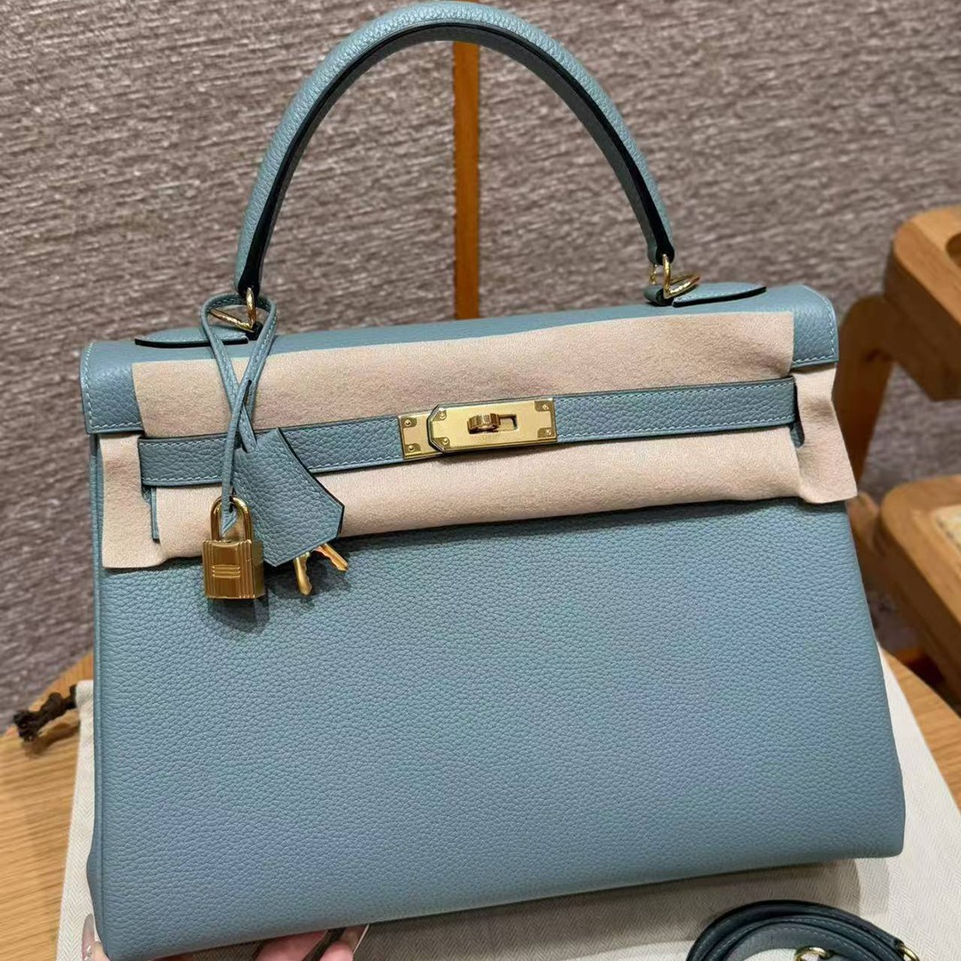Hermes Kelly 32 Bag Handmade In Togo Calfskin Leather Gold Hardware 7G Ciel - Image 2