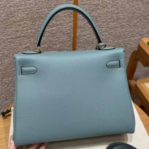 Hermes Kelly 32 Bag Handmade In Togo Calfskin Leather Gold Hardware 7G Ciel - Image 20