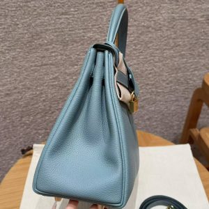 Hermes Kelly 32 Bag Handmade In Togo Calfskin Leather Gold Hardware 7G Ciel - Image 19