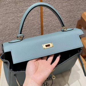 Hermes Kelly 32 Bag Handmade In Togo Calfskin Leather Gold Hardware 7G Ciel - Image 9