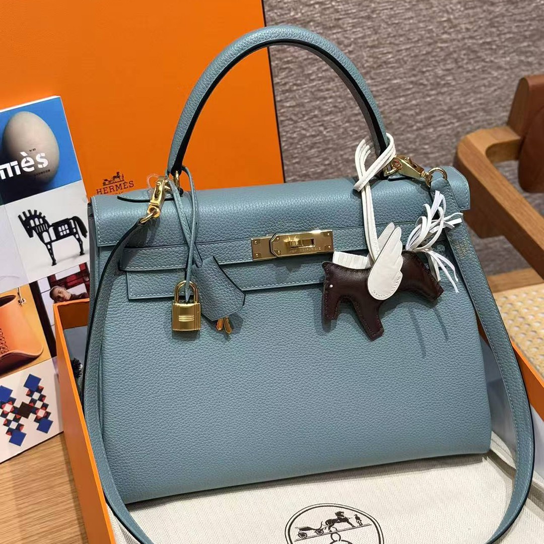 Hermes Kelly 32 Bag Handmade In Togo Calfskin Leather Gold Hardware 7G Ciel - Image 3