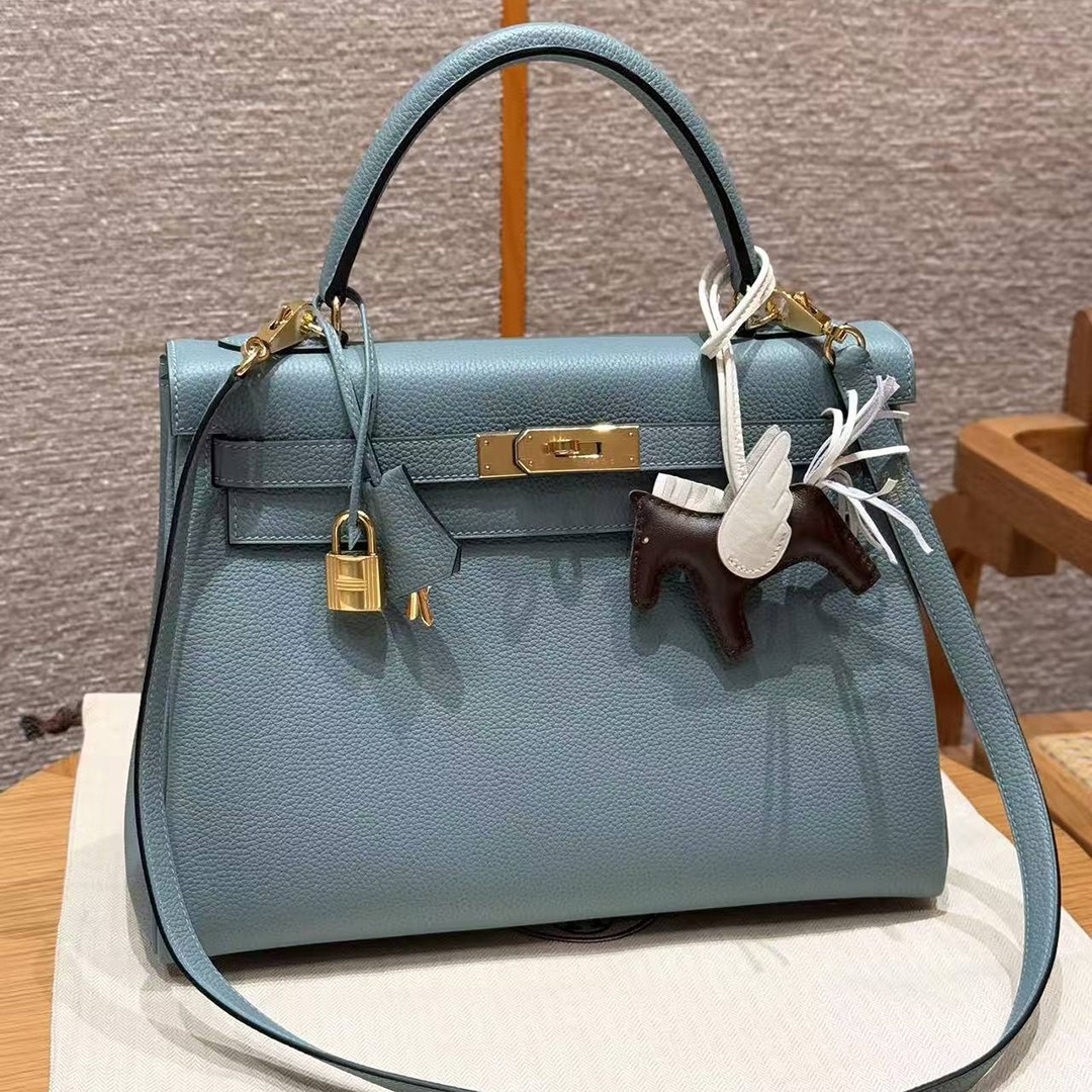 Hermes Kelly 32 Bag Handmade In Togo Calfskin Leather Gold Hardware 7G Ciel