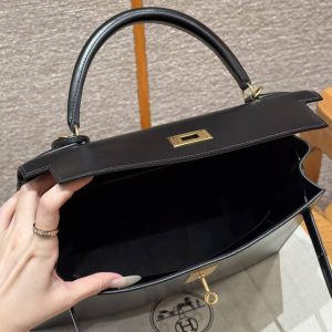 Hermes Kelly 32 Bag Handmade In Box Calfskin Leather Gold Hardware 89 Noir - Image 18