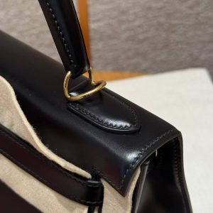 Hermes Kelly 32 Bag Handmade In Box Calfskin Leather Gold Hardware 89 Noir - Image 9