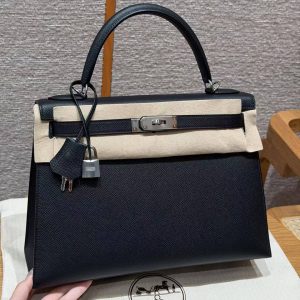 Hermes Kelly 32 Bag Handmade In Epsom Calfskin Leather Silver Hardware 89 Noir - Image 2