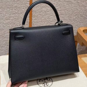Hermes Kelly 32 Bag Handmade In Epsom Calfskin Leather Silver Hardware 89 Noir - Image 22