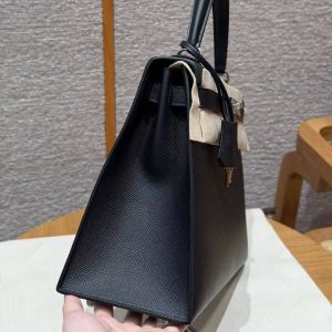 Hermes Kelly 32 Bag Handmade In Epsom Calfskin Leather Silver Hardware 89 Noir - Image 21