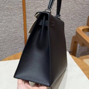 Hermes Kelly 32 Bag Handmade In Epsom Calfskin Leather Silver Hardware 89 Noir - Image 20