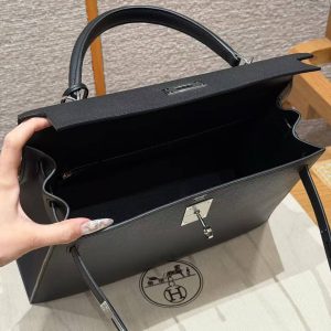 Hermes Kelly 32 Bag Handmade In Epsom Calfskin Leather Silver Hardware 89 Noir - Image 18