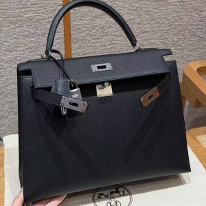 Hermes Kelly 32 Bag Handmade In Epsom Calfskin Leather Silver Hardware 89 Noir