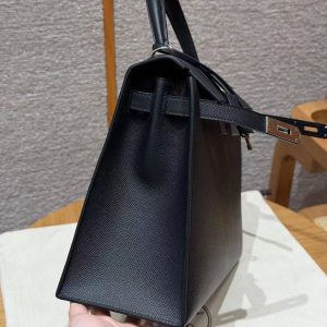 Hermes Kelly 32 Bag Handmade In Epsom Calfskin Leather Silver Hardware 89 Noir - Image 15