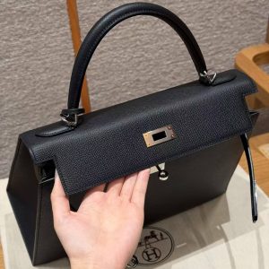 Hermes Kelly 32 Bag Handmade In Epsom Calfskin Leather Silver Hardware 89 Noir - Image 14