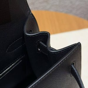 Hermes Kelly 32 Bag Handmade In Epsom Calfskin Leather Silver Hardware 89 Noir - Image 10