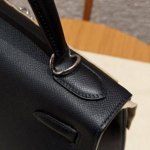 Hermes Kelly 32 Bag Handmade In Epsom Calfskin Leather Silver Hardware 89 Noir - Image 8