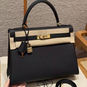 Hermes Kelly 32 Bag Handmade In Togo Calfskin Leather Gold Hardware 89 Noir